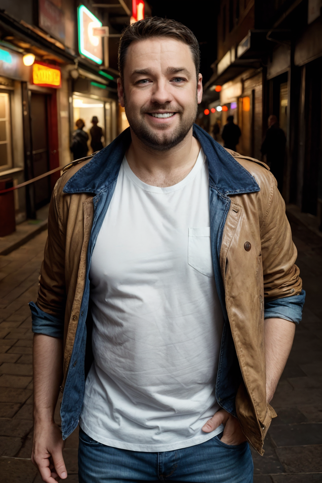 10-00025-847367129-JasonManford, photo of a rugged man wearing leather jacket and jeans and white t-shirt walking down the street, smile, soft focu.png